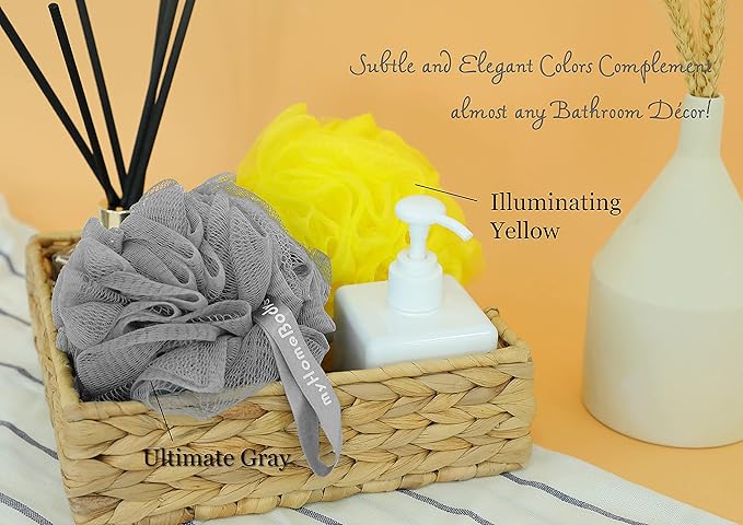 myHomeBody Large 70g Loofah Sponge, Body Scrubber, Bath Sponge, Loofah for Women, Men, Exfoliating Sponge Shower Pouf with Activated Charcoal - 2 Ultimate Gray + 1 Illuminating Yellow, 3 Pack
