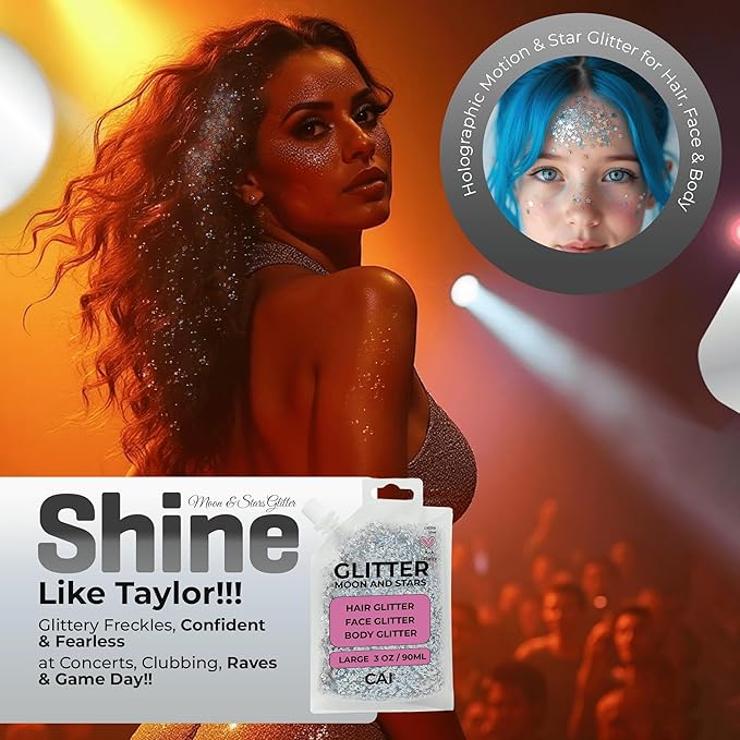 Hair Glitter Gel Body Glitter & Face Glitter for Women/Kids (5 Pk Unicorn) Chunky Iridescent Holograph Stars & Moon Cosmetic-Grade Makeup, Apply Without Glue, Easy to Take Off & Keep Skin Clean
