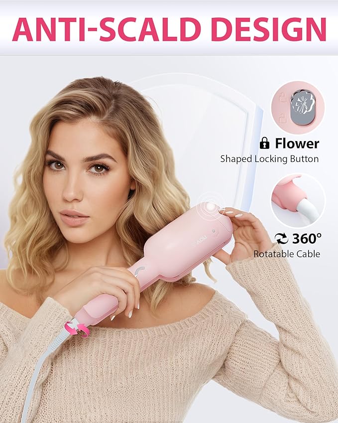 NOVUS Waver Curling Iron, Beach Waves Curling Wand, Ionic Hair Waver with Anti-Scald Hair Crimper, Easy to Use, 2 Barrel Hair Crimper for Short Hair Women, Pink, 1.25 Inch