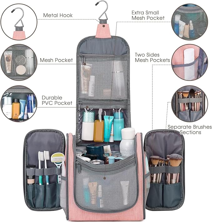 Narwey Hanging Toiletry Bag for Women Travel Makeup Bag Organizer Toiletries Bag for Cosmetics Essentials Accessories(Large, Pink)