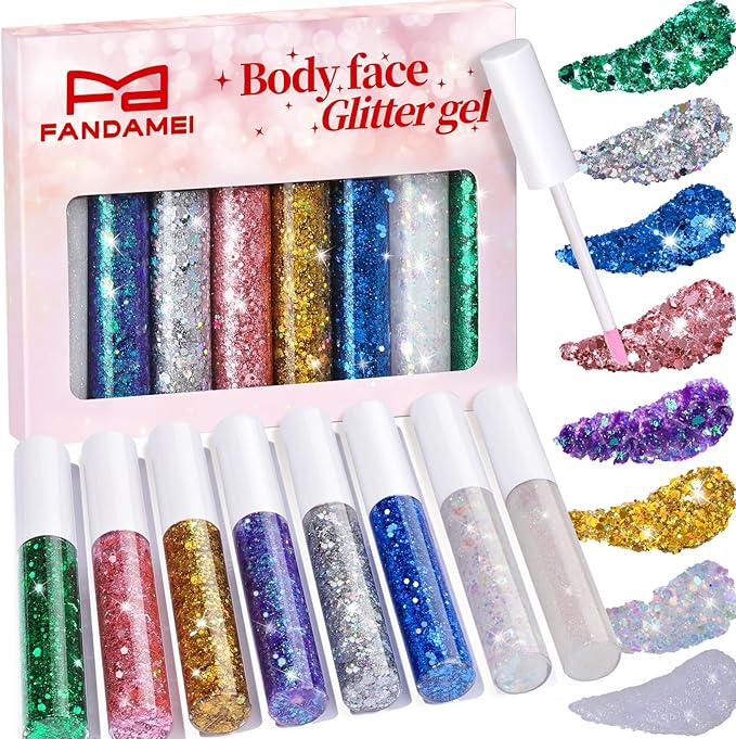FANDAMEI Body Glitter Kit - 8 Colors 8 ml/Jar for Glitter Makeup, Face Hair Glitter for Kids&Women, Halloween Mermaid Rave, Hair Sparkles