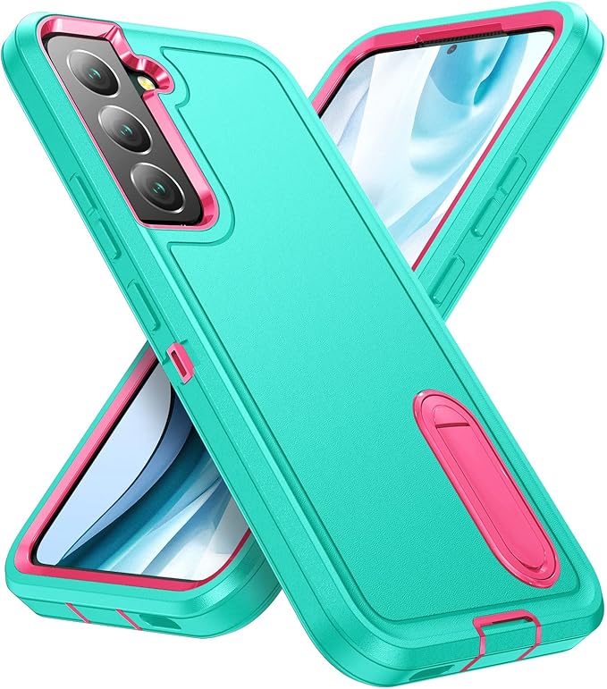 for Samsung Galaxy S22 Plus Case Galaxy S22+ Case with Kickstand Case 3-Layer Military Grade Protective Case Cover Silicone Rugged Shockproof for Galaxy S22 Plus S22+ Phone Case Cyan+Rose Red