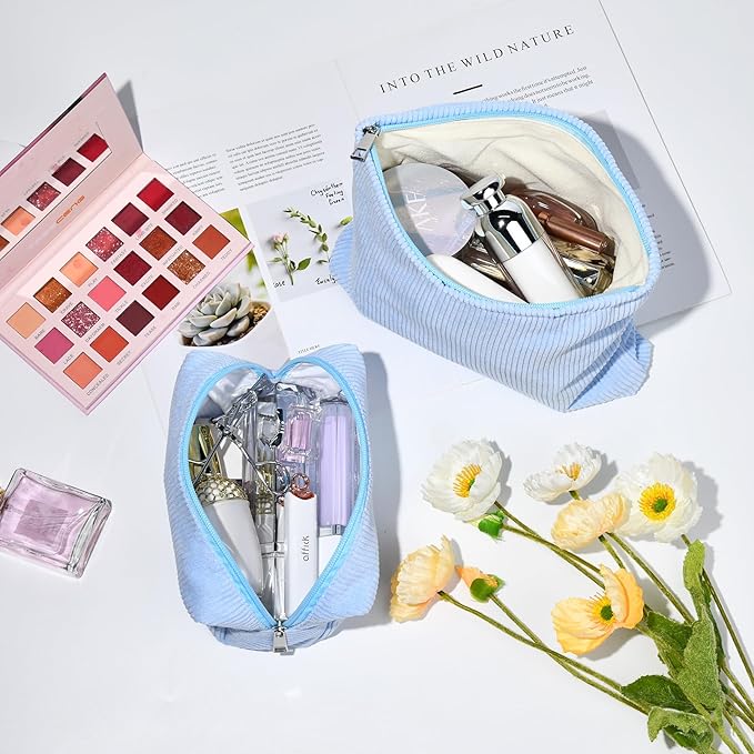 2 Pieces Makeup Bag Large Corduroy Cosmetic Bag Capacity Canvas Mix Travel Toiletry Bag Organizer Cute Makeup Brushes Aesthetic Accessories Storage Bag for Women, Corduroy Mix Blue