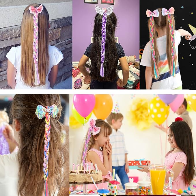 6Pcs Girls Colored Braids Hair Extensions with Rubber Bands, Rainbow Braided Hairpieces Hair Bows Wig Ponytails Kids Favor DIY Hairs Accessories for Girls Gift Birthday Party Cosplay Daily Dress Up