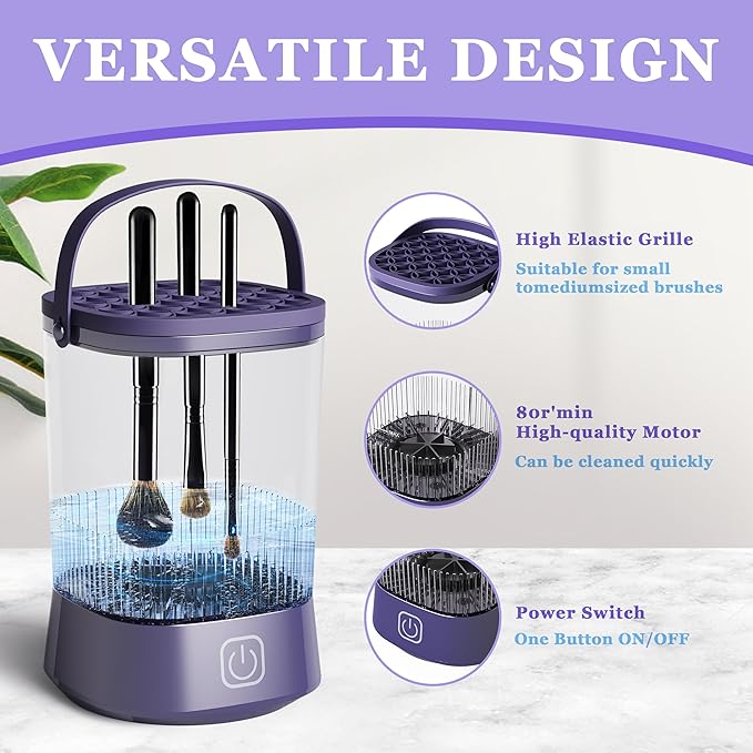 Electric Makeup Brush Cleaner Machine, Automatic Spinning Make up Brush Cleaner with 1200 mAh Rechargeable Battery, Portable Cosmetic Brush Cleaner Dryer Tool for All Size Makeup Brush (Purple)