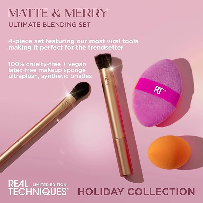 Real Techniques Matte & Merry Ultimate Blending 4 Piece Holiday Gift Set, Foundation Makeup Sponge, Dual-Sided Powder Puff, & 2 Makeup Brushes, Kitten Paw Brush, Stocking Stuffer, Limited Edition