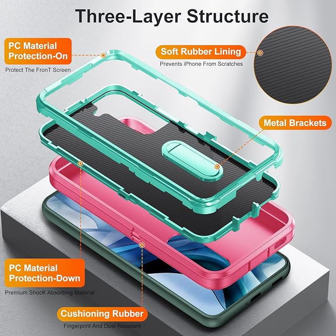 for Samsung Galaxy S22 Plus Case Galaxy S22+ Case with Kickstand Case 3-Layer Military Grade Protective Case Cover Silicone Rugged Shockproof for Galaxy S22 Plus S22+ Phone Case Rose Red+Cyan