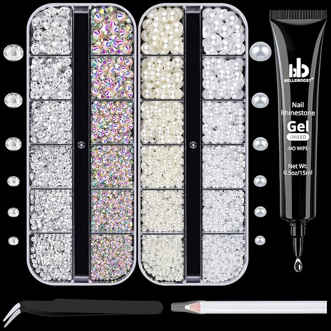 Nail Art Rhinestone Glue Gel&2 Boxes Flatback Gems Kit, 1 Tube of 15ml Rhinestone Gel Glue+Round AB&Clear Gems+Flat-Back Half Round White&Beige Pearls with Pickup Tools