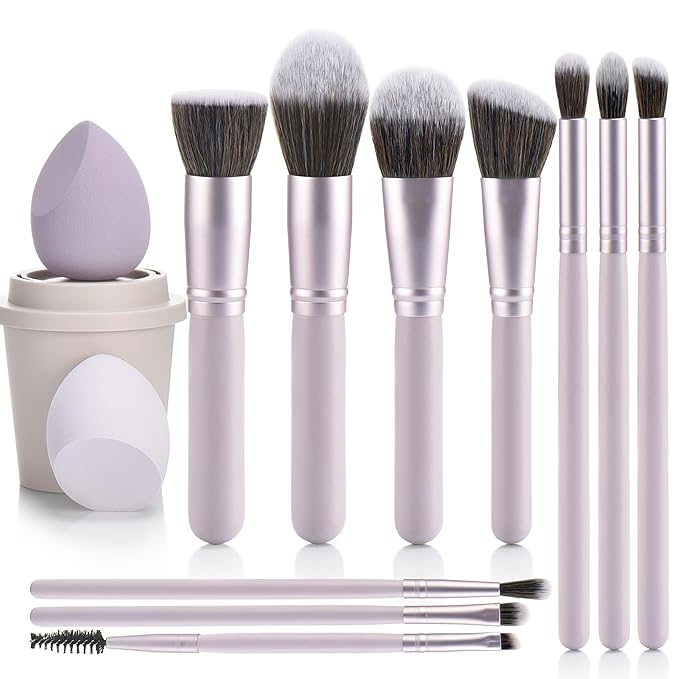 Purple 10Pcs Makeup Brushes, Wooden Makeup Brush set And Sponges And Water Filter Cup,Soft Make up Brush For Women/Girls, For Powder Foundation Eye Shadow Concealer, Etc., (Purple 13Pcs)