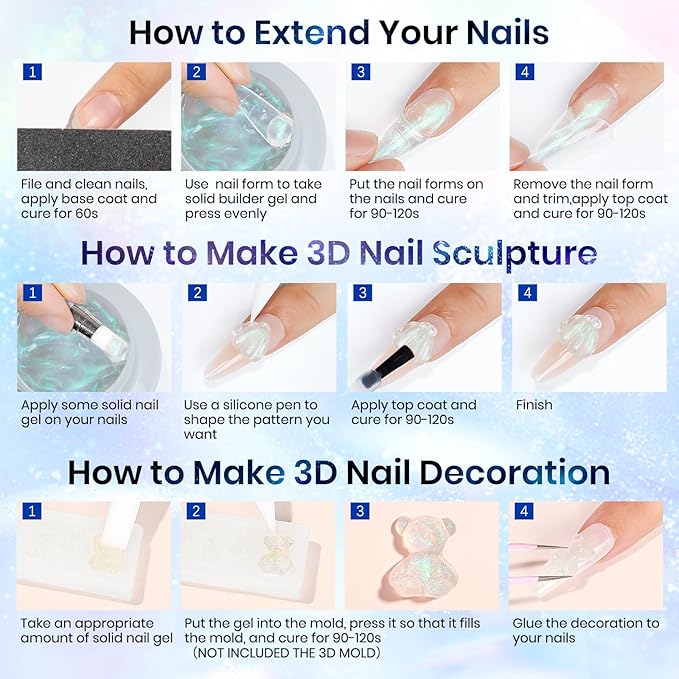 MIZHSE 2PCS Solid Builder Gel for Nails Kit: 30g/1oz Clear & Aurora Hard Gel for Nail with Nail Forms 3D Silicone Mold Soak off U V Builder Extension Gels for Women