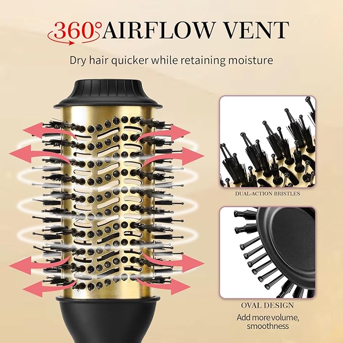 4-in-1 Hair Styler: Oval Brush Dryer and Volumizer for All Hair Types (Black Gold)