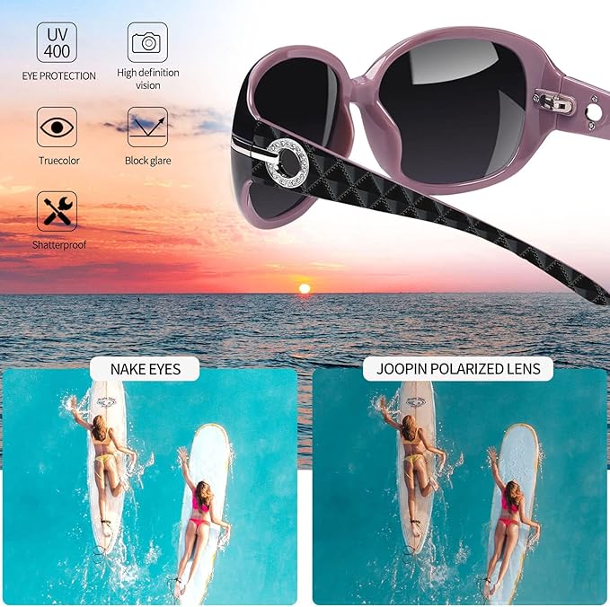 Joopin Big Womens Sunglasses Polarized Trendy Sun Glasses Large Rectangle UV Protection Rhinestone Sunnies