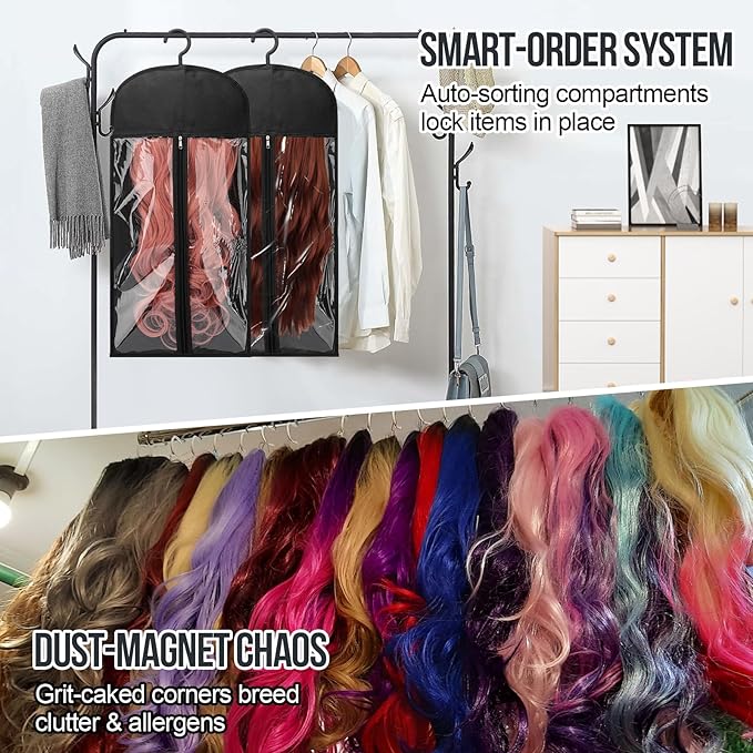 2PCS Wig Storage Bags with Hanger Hair Extension Holder Dust-proof Storage Organizer with Hook for Multiple Wigs Hair Extensions, wigs & accessories Holder Home Hair Salon Travel Use