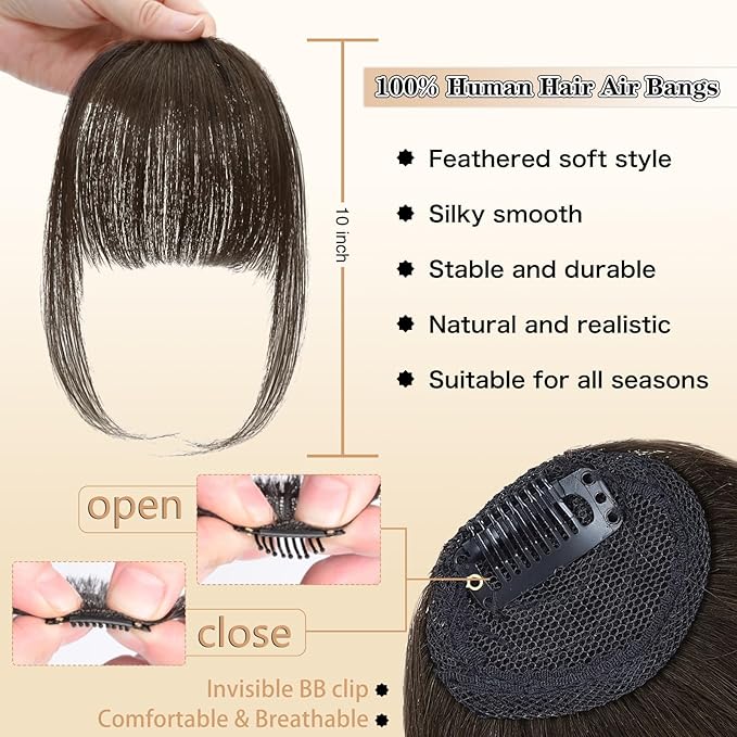 NAYOO Bangs Hair Clip in Bangs 100% Real Human Hair Extensions Wispy Bangs Clip on Air Bangs for Women Hairpieces Curved Bangs (2# darkest brown, Wispy Bangs)