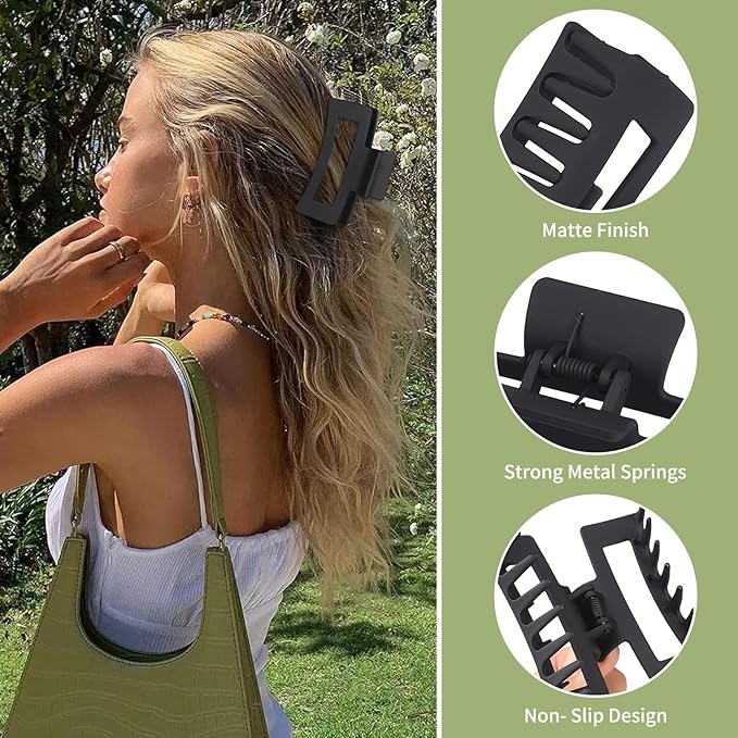 3.5 Inch Medium Hair Claw Clips 6 Pack Hair Clips for Women Square Claw Clips Rectangle Clips for Hair Banana Jaw Clips Hair Accessories for Girls -Black