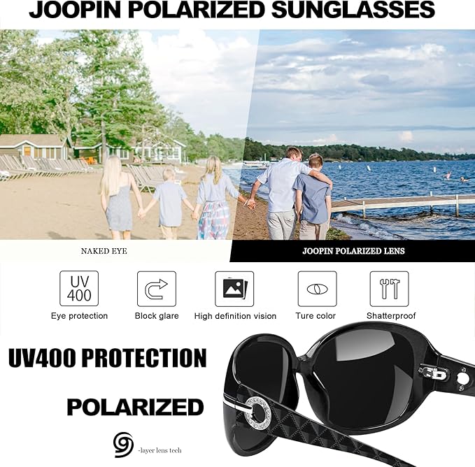 Joopin Big Womens Sunglasses Polarized Trendy Sun Glasses Large Rectangle UV Protection Rhinestone Sunnies