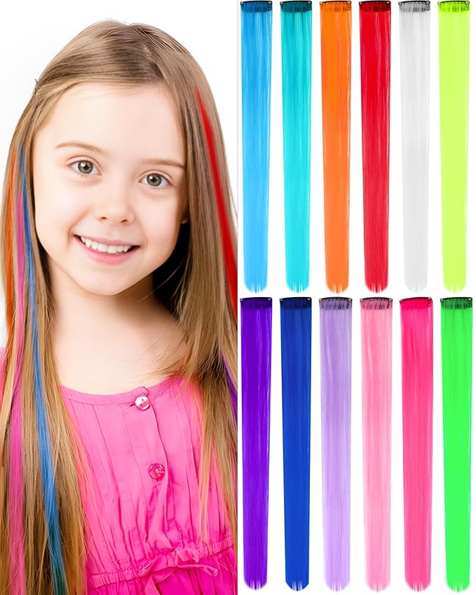 12 PCS Colorful Hair Extensions Clip in, 20 Inch Colored Hair Accessories, Party Highlights Long Straight Synthetic Hairpieces for Women Kids Girls (Rainbow)