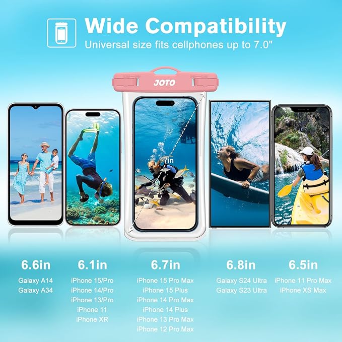 2 Pack JOTO Waterproof Phone Pouch Case Up to 7", IPX8 Underwater Phone Case Cellphone Dry Bag for iPhone 16 15 14 13 12 Pro Max Xs Max XR X 8 7 6S Plus SE/Galaxy S24 S23 S22 S21 -TransparentBlackPink