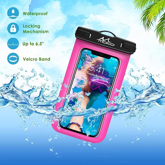 MoKo Waterproof Phone Pouch Holder 2Pack, Underwater Cellphone Case Dry Bag with Lanyard Armband Compatible with iPhone 16 15 14 13 12 11 Pro Max X/Xr/Xs/SE 3, Samsung S24/S23/S21/S10, Black+Magenta