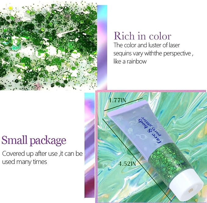 DAGEDA Green Body Glitter Gel, St Patricks Day Face Glitters Body Sequins Shimmer, Chunky Glitter for Face Hair Nails, Mardi Gras Decorations Festival Glitter Makeup 50ml