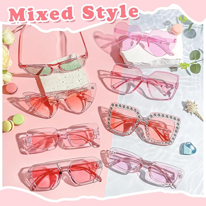 Pibupibu 8 Pack Pink Sunglasses for Women Collection Trendy Cute Costume Accessories Eyewear Set (Transparent/Solid/Mix)