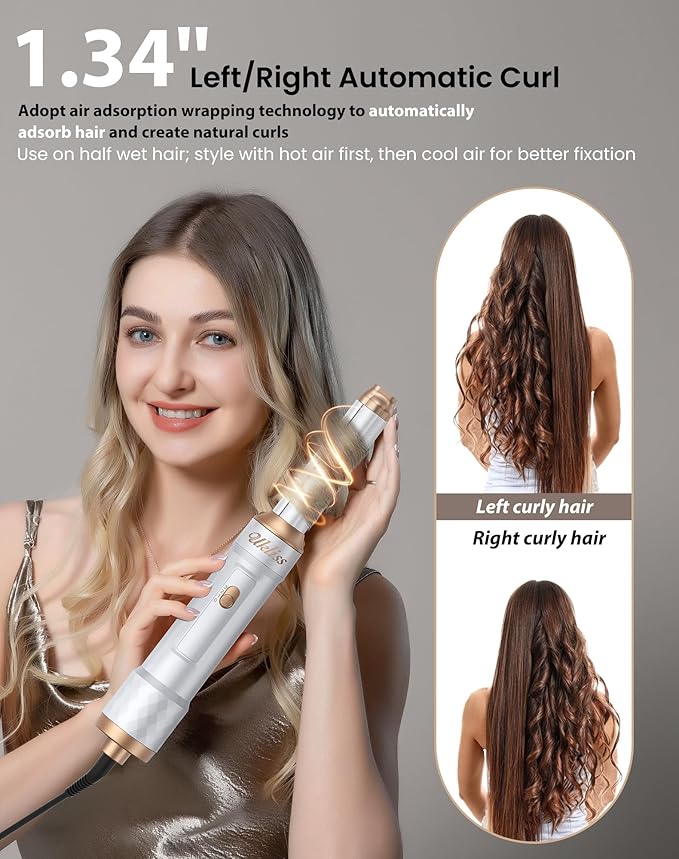 6 in 1 Air Styler & Blow Dryer Brush with Ionic Technology, Magic Styler & Air Curler for Hair, Versatile Hair Dryer Brush for Fast Styling, Safe ALCI Plug, Works on Most Hair Types,White
