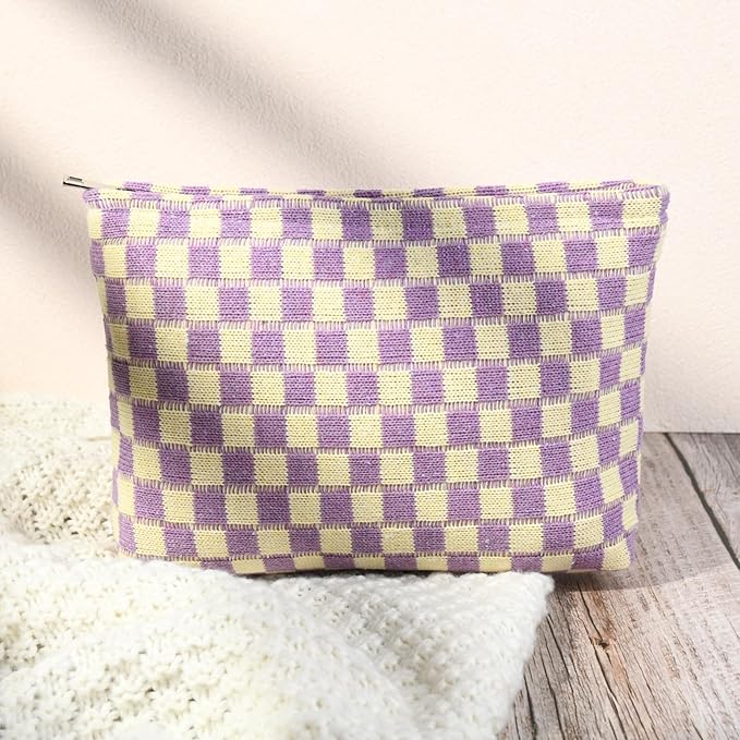 2 Pcs Checkered Makeup Bag Large Cosmetic Bag Toiletry Bag Makeup Pouch Travel Bag Organizer Cute Makeup Brushes Aesthetic Accessories Storage Bag for Women Purple