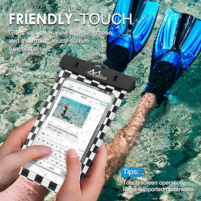 MoKo Waterproof Phone Pouch Holder, Cellphone Case Dry Bag with Lanyard Armband Compatible with iPhone 16 15 14 13 12 11 Pro Max, Samsung S24/S23/S21/S20/S10, Checkerboard