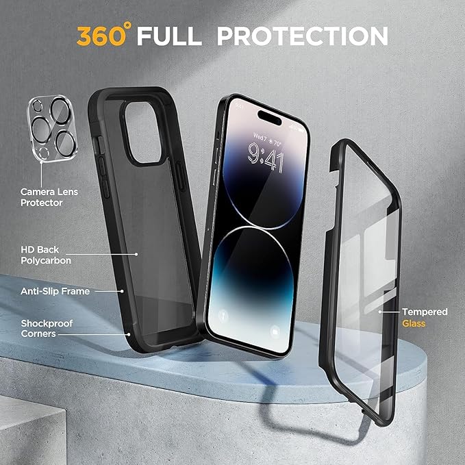 Miracase Glass Series for iPhone 14 Pro Case 6.1 Inch, 2023 Full-Body Clear Bumper Case with Built-in 9H Tempered Glass Screen Protector, with Camera Lens Protectors, Matte Black