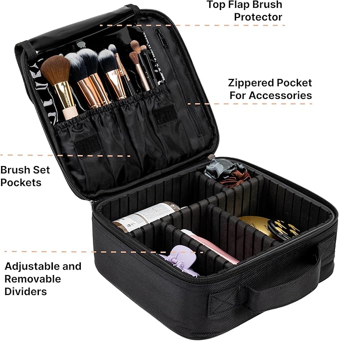 (Not Made In China) 2 Pack, Makeup Train Case, Cosmetic Bag, Portable Beauty Organizer and Storage Box With Adjustable Dividers For Make Up and Brushes (Black, Small)