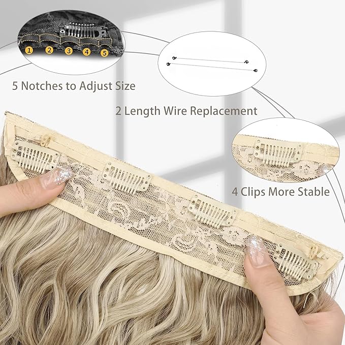MORICA Invisible Wire Hair Extensions - 14 Inch Halo Hair Extension Long Wavy Synthetic Hairpiece with Transparent Wire Adjustable Size, 4 Secure Clips for Women (Ash Blonde Mixed Light Blonde,14Inch)