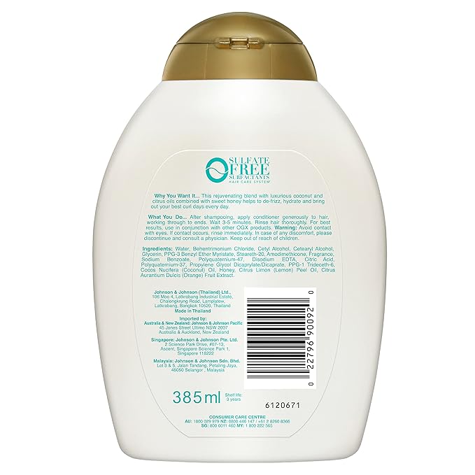 OGX Quenching + Coconut Curl-Defining Conditioner, Nourishing Curly Hair with Coconut/Citrus Oil & Honey, Paraben and Sulfate-Free Surfactants, 13oz (Pack of 2)