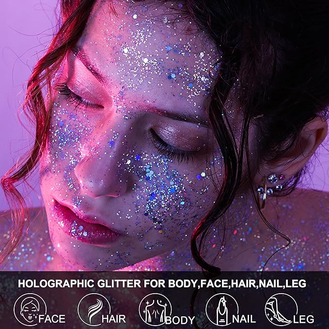 LATIBELL Glow in The Dark Body Face Glitter Gel for Women, 12 Colors Makeup Chunky Fine Glitter, UV Black Light Body/Face/Hair/Eyeshadow, Carnival Party(Not Loose Glitter)