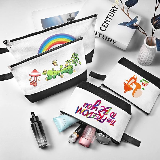 10 Pieces Cotton Canvas Makeup Bag with Bottom and Strap, Multi-Purpose Cosmetic Bag with Zipper Travel Toiletry Pouch, Blank DIY Craft Bag (White&Black, XS)