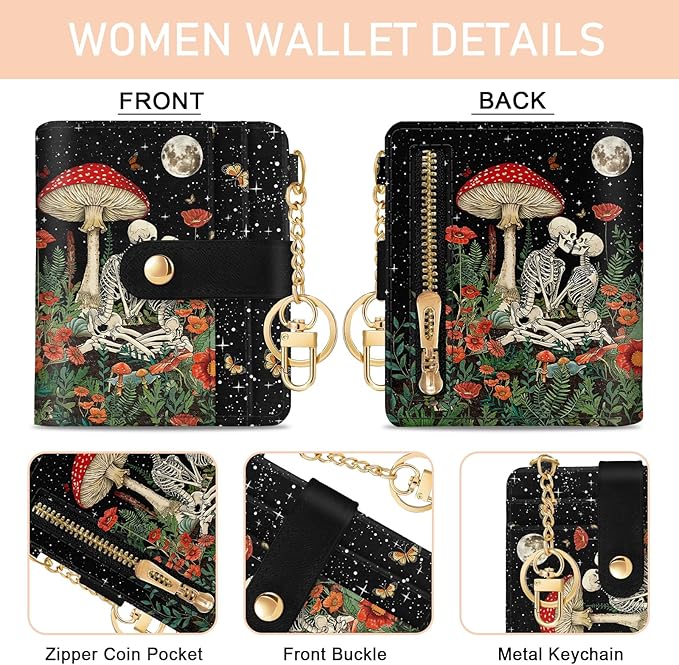 Mushroom Skull Rfid Ladies Wallet, Small Slim Thin Compact Credit Card Women Wallet, Skeleton Goth Horror PU Leather Bifold Zipper Coin Pocket for Female