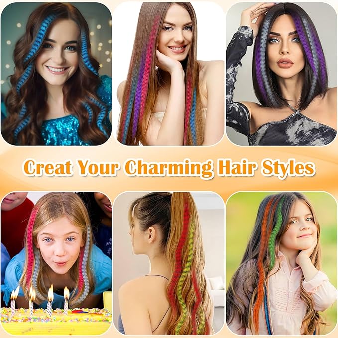 65 Pcs Hair Feathers with Hair Extension Tools, 13 Colors Long Straight Synthetic Hair Feather Extensions Kit with Microlink Beads for Women Girls Kids Daily Parties Festival