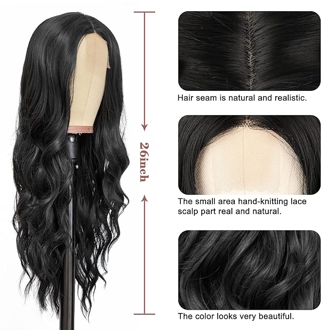 NAYOO Long Black Wavy Wig for Women 26 Inch Middle Part Curly Wavy Wig Natural Looking Synthetic Heat Resistant Fiber Wig for Daily Party Use (Natural Black)