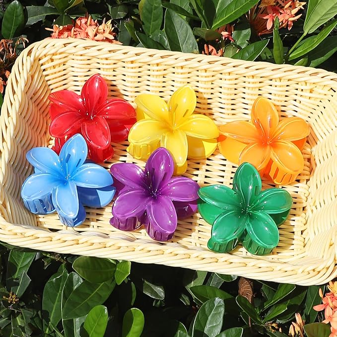 Hawaiian Plumeria Hair Accessories - 6 Pack Large Claw Clips for Thick and Thin Hair, Beach Tropical Hair Clips for Women and Girls