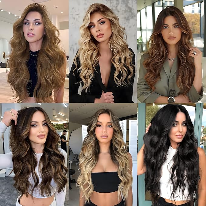 MORICA Invisible Wire Hair Extensions - 20 Inch Brown Mixed Blonde Long Wavy Synthetic Hairpiece with Transparent Wire Adjustable Size, 4 Secure Clips for Women