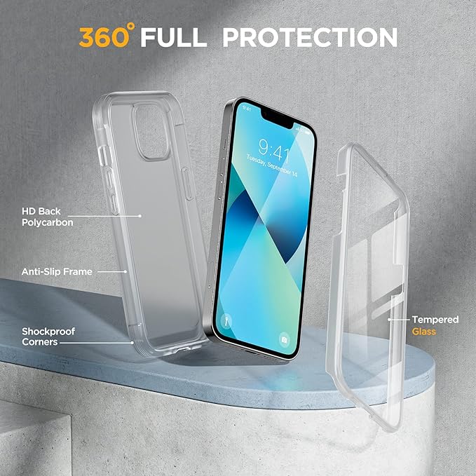 Miracase Compatible with iPhone 13 case 6.1 inch, 2023 New Full-Body Glass Clear Case Bumper Case with Built-in 9H Tempered Glass Screen Protector for iPhone 13, Matte Clear