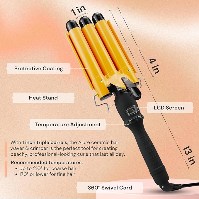 Alure Three Barrel Curling Iron Wand Hair Waver with LCD Temperature Display - 1 Inch Ceramic Tourmaline Triple Barrels, Dual Voltage Crimp (zGold)