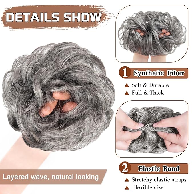 MORICA Messy Bun Hair Piece - Elastic Wavy Curly Hair Bun Scrunchies Extensions Synthetic Chignon Hairpieces for Women Girls((Gray and White Tips))