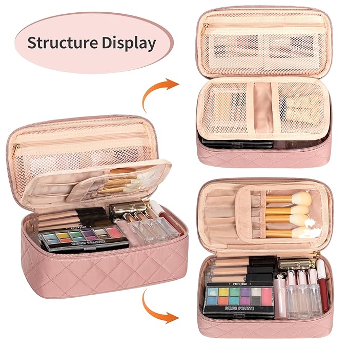 OCHEAL Small Makeup Bag,Portable Cute Travel Makeup Bag Pouch for Women Girls Makeup Brush Organizer Cosmetics Bags with Compartment-Rhombus Pink