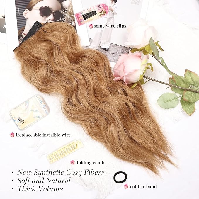 MORICA Invisible Wire Hair Extensions - 20 Inch Copper Brown Long Wavy Synthetic Hairpiece with Transparent Wire Adjustable Size, 4 Secure Clips for Women