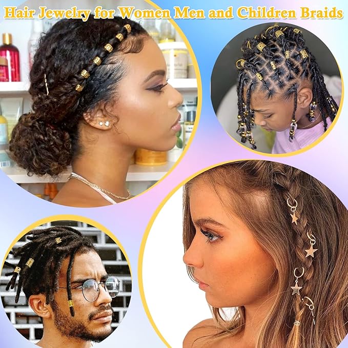 Lucomb 259 Pcs Hair Jewelry for Braids, Loc Jewelry for Hair Dreadlock, Charm Accessories for Women, Metal Gold Braids Rings Cuffs Clips for Dreadlock Accessories Clips Rings Extensions Decorations