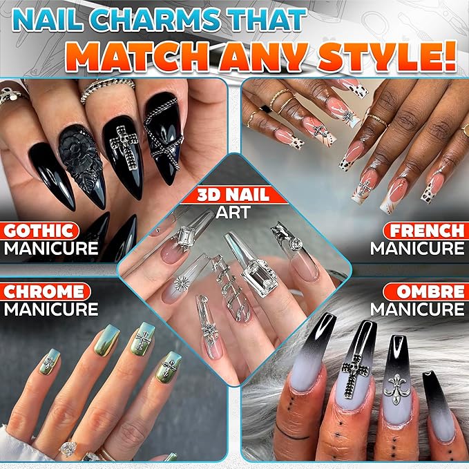 100 Pcs Cross Nail Charms and Gems - Nail Cross Charms for Nails Design Silver Nail Charms Y2k Nail Gems for Nails 3d Nail Charms Bulk Nail Jewels - Nail Art Charms Nails With Charms Cross Nail Charm