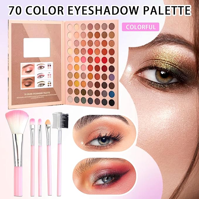 70 Colors Eyeshadow Palette,Matte Glitter Eyeshadow Makeup Palette with Eyeshadow Brush,Highly Pigmented Colorful Shimmer Eye Shadow Palette Makeup Kit for Women A