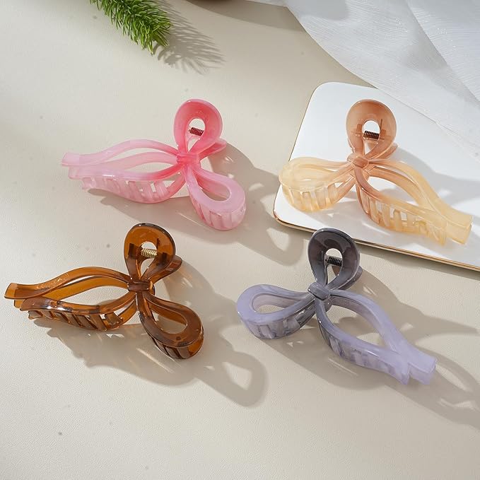 4 PCS Bow Hair Clips Bow Claw Clip for Women Nonslip Large Hair Claw Clips for Thin and Thick Hair Strong Hold Hair Bows (Light Brown+Light Pink+Khaki+Gray)