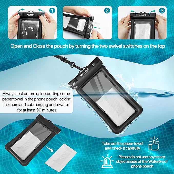 NEPHI IP68 Waterproof Phone Pouch 2 Pack-Up to 8.0",Adjustable Neck Lanyard Floating Waterproof Phone Case for iPhone,Phone Dry Bags for Vacation Beach Travel Essentials (Black White 2 Pack)