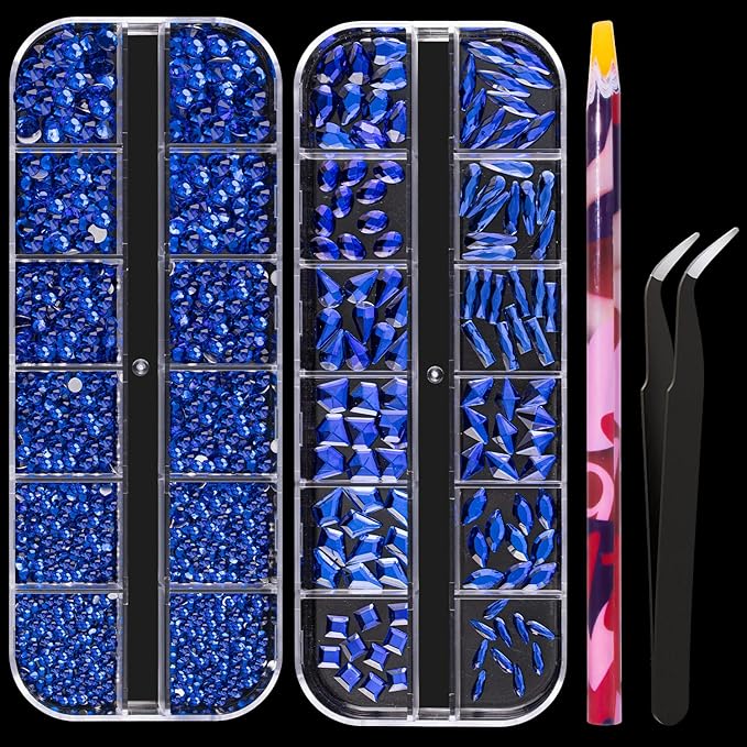 Multi Shapes Dark Blue 3D Glass Crystal Nail Art Rhinestones Kit with Flatback Round Bead Charm Gem Stone Jewelry Diamond with Pickup Pen + Tweezer for Manicure Makeup DIY Craft Decoration